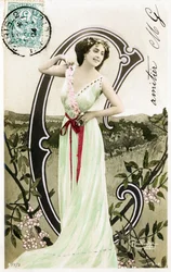 C: Bianca Toledo, artiest, zangeres en Sevillaanse danseres uit de Belle Epoque - Casino de Paris, Folies Bergere, Jardin de Paris - Alfabet op ansichtkaart