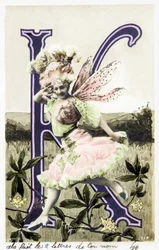 K: Juliette Mealy, zangeres en cabaretdanseres uit de Belle Epoque - maker van het lied "Frou Frou" in 1897 - Alfabet op ansichtkaart