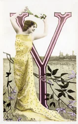 Y: Bianca Toledo, artiest, zanger en Sevillaanse danseres uit de Belle Epoque - Casino de Paris, Folies Bergere - alfabet in ansichtkaart