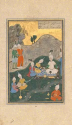 Alexander op een banket, folio uit een Khamsa Quintet van Nizami, gedateerd A.H. 931A.D. 1524-25