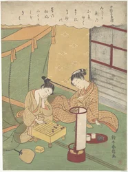 Een jonge vrouw en man die shōgi spelen (Japans schaken); Chūnagon Kanesuke, uit een serie die verwijst naar de Zesendertig onsterfelijke dichters (Sanjūrokkasen)