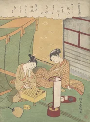Een jonge vrouw en man spelen Shogi (Japans schaak), Chunagon Kanesuke, uit een serie, ca. 1767-1769