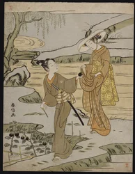 Een zomers tafereel op een verhoogde dijk van een jonge man die een aubergine snijdt om aan zijn jonge vrouwelijke metgezel te geven