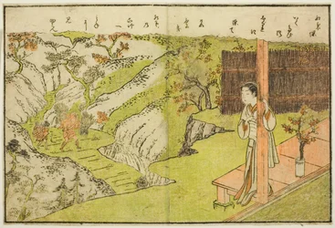 Dubbelpagina illustratie uit Vol. 1 van "Prentenboek van lentebrocades (Ehon haru no nishiki)"