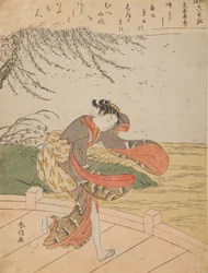 Meisje op een brug in de wind, uit de serie: Furyu rokkasen - De zes elegante onsterfelijke dichters