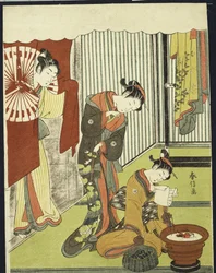 Figuren in een interieur, een courtisane kijkt naar haar shinzo die een liefdesbrief leest