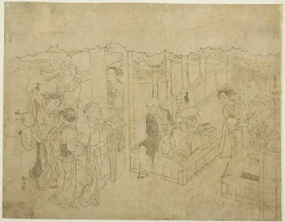 Sleutelblokdruk voor De introductie (Miai), het eerste blad uit de serie "Huwelijk in brokaatprenten, de koets van de deugdzame vrouw (Konrei nishiki misao-guruma)"