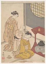 Nachtregen bij de standaard met dubbele plank, uit de serie Acht salongezichten (Zashiki hakkei)
