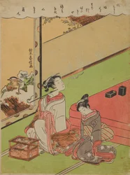 Oiran die een pijp rookt en haar dommelende dienstmeid