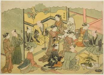 De Ceremoniële Sake (Konrei sakazuki), het vierde blad van de serie "Huwelijk in Brokaatprenten, de Koets van de Deugdzame Vrouw (Konrei nishiki misao-guruma)"