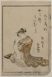 De courtisane schrijft uit een boek uit een verzameling van mooie vrouwen van de Yoshiwara
