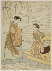 Twee meisjes verlaten een boot