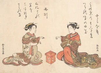 Twee Meisjes Spelen het Vinger Spel van Kitsume Ken, 1725-1770
