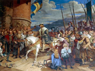 Gustaaf I Eriksson Vasa, koning van Zweden, triomfantelijk verwelkomd in Uppsala