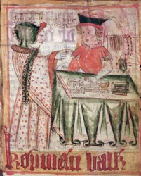Interieur van een winkel, uit de nationale wetboeken van Magnus Eriksson (1319-64), ca. 1450
