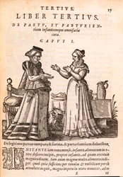 Verpleegster die een patiënt met een gewonde hand verzorgt, uit De Concepta et Generatione Hominis door Jakob Ruf, 1587