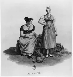Zwitserse vrouwen in traditionele klederdracht uit het kanton Neuchatel