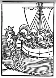 De legende van Sint Brendan (Brandan), held en Ierse heilige van de 6e eeuw. Alle monniken vallen in slaap bij het zingen van de Sirenen. Gravure van "Die Wunderbare Meerfahrt des Hl. Brandan." Bale