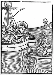 De legende van Sint Brendan (Brandan), held en Ierse heilige van de 6e eeuw: Broeders ontmoeten een dwerg aan het einde van de wereld. Gravure van 