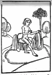 De legende van Sint Brendan (Brandan), held en Ierse heilige van de 6e eeuw. Ontmoeting met een heilige kluizenaar die op een rots in de open zee leeft. Gravure van Die Wunderbare Meerfahrt des Hl. Brandan. Bale