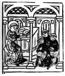 De legende van Sint Brendan (Brandan), held en Ierse heilige van de 6e eeuw. De heilige vertelt de wonderen van de zee aan zijn medebroeders van het klooster. Gravure van "Die Wunderbare Meerfahrt des Hl. Brandan." Bale