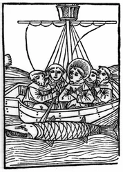 De legende van Sint Brendan (Brandan), held en Ierse heilige van de 6e eeuw: De ontmoeting met de reuzenvis Isconius. Gravure van 