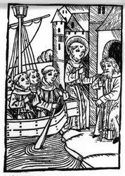 De legende van Sint Brendan (Brandan), held en Ierse heilige van de 6e eeuw. De heilige ontmoet de voormalige Haylbray en begrijpt dat hij is teruggekeerd naar Schotland. Gravure uit 