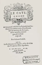 Titelpagina van de Catechismus van Johannes Calvijn, gepubliceerd Genève, 1549
