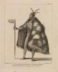 Een Nieuw-Zeelandse krijger in zijn juiste kleding en volledig bewapend volgens hun manier