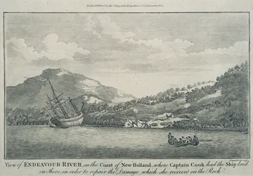 Kapitein Cook, na schipbreuk tijdens zijn reis rond de wereld, laat de Endeavour repareren in een haven op een van de Hope-eilanden, ca. 1786 (gravure)