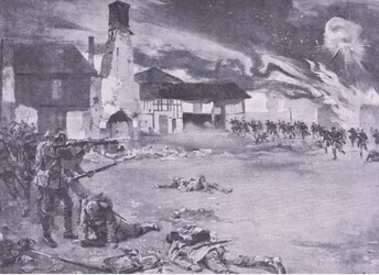 Straatgevechten aan de Frans-Duitse grens: Een Franse aanval op de Pruisische garde, uit History of the Great War Vol 3 uitgegeven door Waverley Book Co Limited, ca. 1920