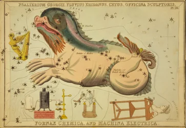 Psalterium Georgii, Fluvius Eridanus, Cetus, Officina Sculptoris, Fornax Chemica, en Machina Electrica, Illustratie uit 