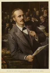 De zeer eerbiedwaardige Arthur James Balfour, MP, spreekt het Lagerhuis toe