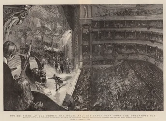 Bokswedstrijdavond in Old Drury, het Huis en het Podium gezien vanuit de Hoogste Loge