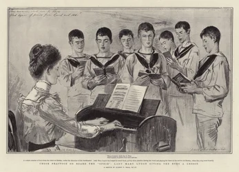 Kooroefening aan boord van de Ophir, Lady Mary Lygon geeft de jongens een les