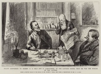 Pigott bekent aan Messers G A Sala en H Labouchere, in het huis van de laatste, dat hij de vervalser van de brieven was