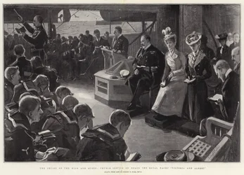 De cruise van de koning en koningin, kerkdienst aan boord van het koninklijk jacht Victoria en Albert