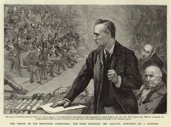 Het Debat over de Gevangen Dynamiters, de Minister van Binnenlandse Zaken (Mr Asquith) beantwoordt Mr J Redmond