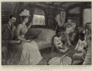 De tour van de hertog van Cornwall, een schets in de koninklijke salonwagen op de spoorweg van Colombo naar Kandy