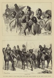 De koninklijke parade van de troepen uit Egypte, de Indiase soldaten op de Horse Guards Parade