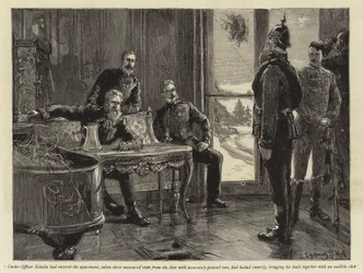 Onder-Officier Schultz had het appartement betreden, drie gemeten stappen vanaf de deur genomen met nauwkeurig gerichte tenen, was scherp gestopt en bracht zijn hielen samen met een hoorbare klik (gravure)