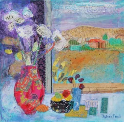 Bloemen in het raam 2014, collage van acrylpapier