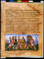 Volledige pagina: tekst en miniatuur: Jakob beveelt zijn zonen om hem in Kanaän te begraven (miniatuur)