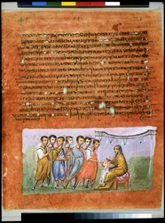 Volledige pagina: tekst en miniatuur: Jakob stuurt zijn zonen weer naar Egypte (miniatuur)