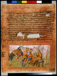 Volledige pagina: tekst en miniatuur: Jozefs broers vinden hun geldbuidels en tonen ze aan Jakob (miniatuur)