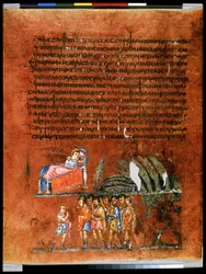 Volledige pagina: tekst en miniatuur: Jozefs droom van de korenschoven (miniatuur)