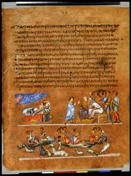 Volledige pagina: tekst en miniatuur: Jozefs droom van de zon, de maan en de sterren (miniatuur)