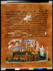 Volledige pagina: tekst en miniatuur: de farao vertelt Jozef zijn dromen over de korenaren en de koeien (miniatuur)