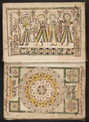 MS Hunter 40 f.2r, frontispice met een afbeelding van Ahiqar, Plato, Galen en Aristoteles, en tegenoverliggende pagina, uit 