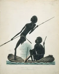 Inboorlingen vissen in een schorskano, 1819